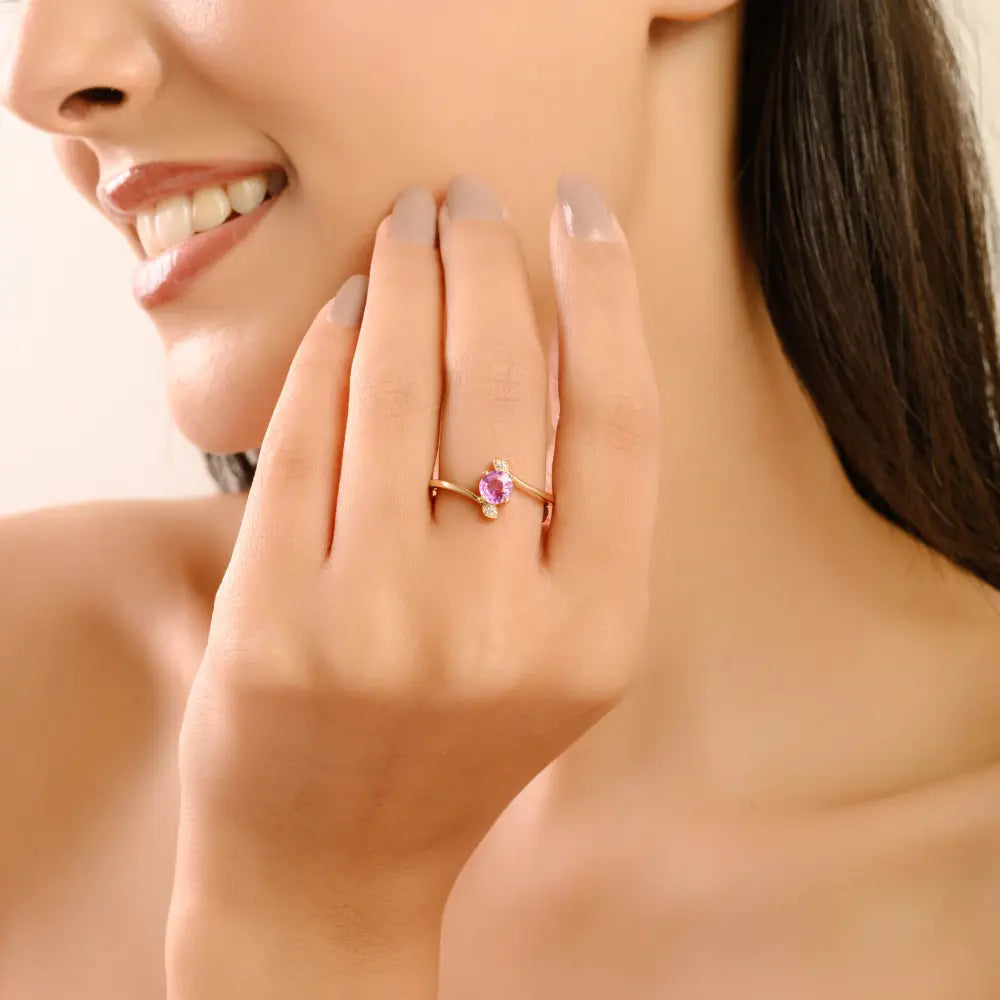 Round Cut Pink Sapphire & Diamond 14K Solid Yellow Gold Minimal Gemstone Ring For Women