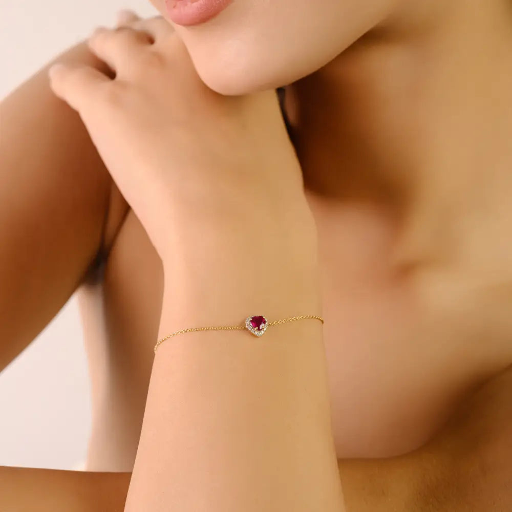 Spring Lock 100% Genuine Ruby & Diamond 14K Solid Gold Heart Shape Halo Bracelet Women