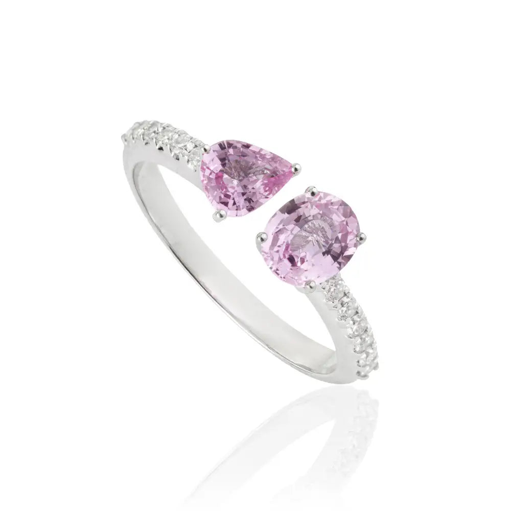 Best Selling Pink Sapphire & Diamond Pure 14K White Gold Toi et Moi Open Stackable Ring