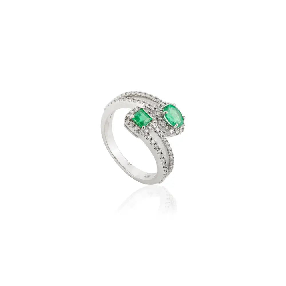 Jewelry Manufacturer Natural Emerald & Diamond 18K White Gold Bypass Ring