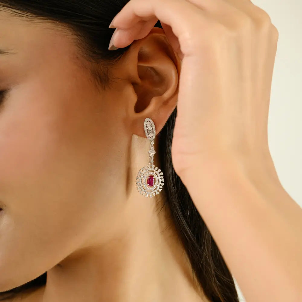 Statement Jewelry Ruby & Diamond Bridal Dangle Earrings Pure 14K White Gold Wholesale Price