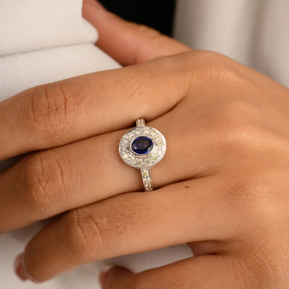 Precious Gemstone Jewelry 14K Solid White Gold Sapphire & Diamond Halo Ring