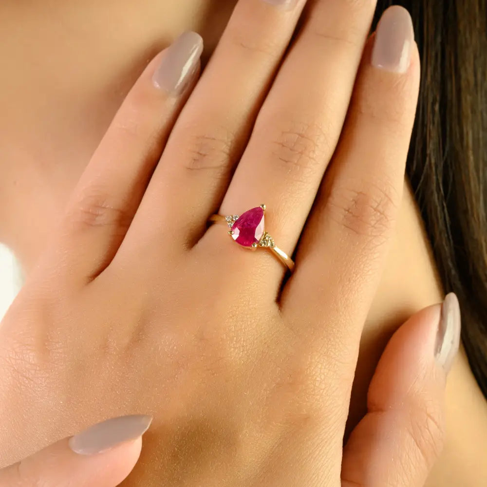 Minimal Simple Design Ruby & Diamond Engagement Gemstone Ring K14 Yellow Gold