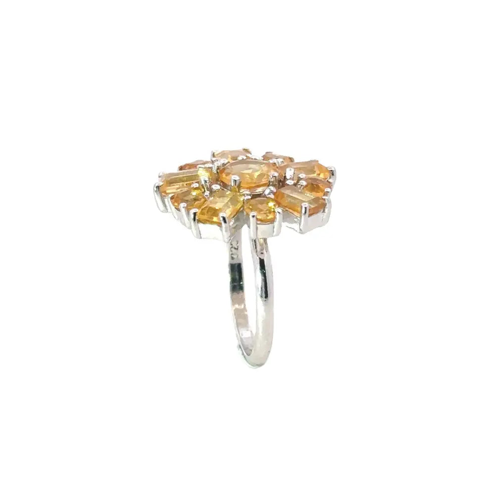 Semi Precious Gemstone Jewelry 925 Sterling Silver Citrine Flower Cocktail Ring For Women's