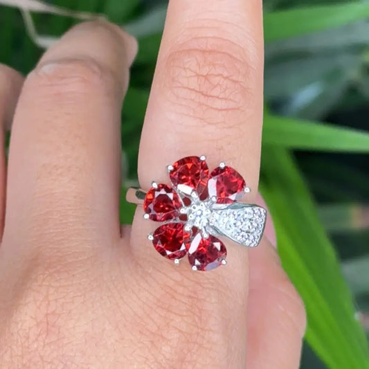 Top Quality Handcrafted Garnet & American Diamond Flower Ring Designer Jewelry