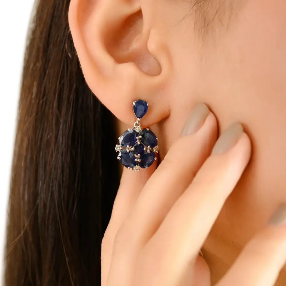 Handmade Blue Sapphire & Diamond Real K14 White Gold Wedding Drop Earrings Custom Jewelry