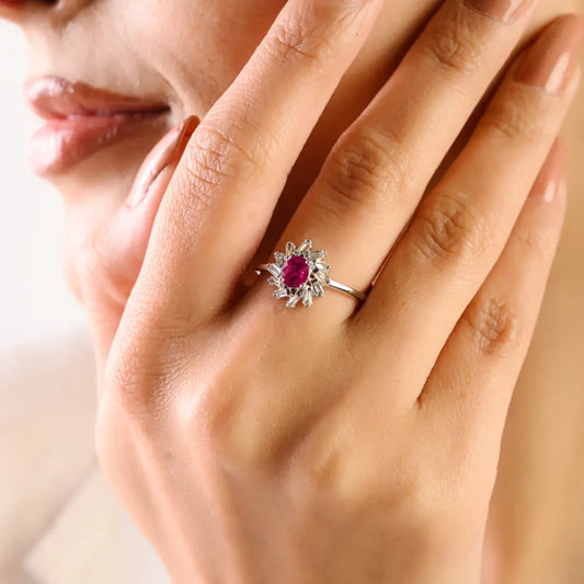 5x4 mm Oval Ruby & Diamond 14K Real White Gold Cluster Ring Handmade Jewelry Wholesale