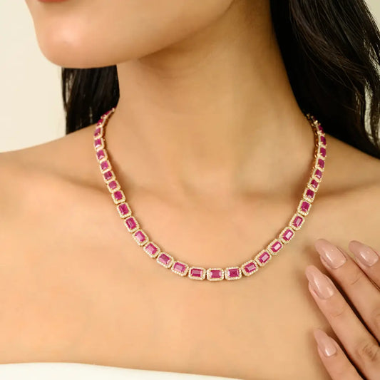 100% Genuine Ruby & Diamond Halo Tennis Necklace Women Statement 14K Gold Jewelry