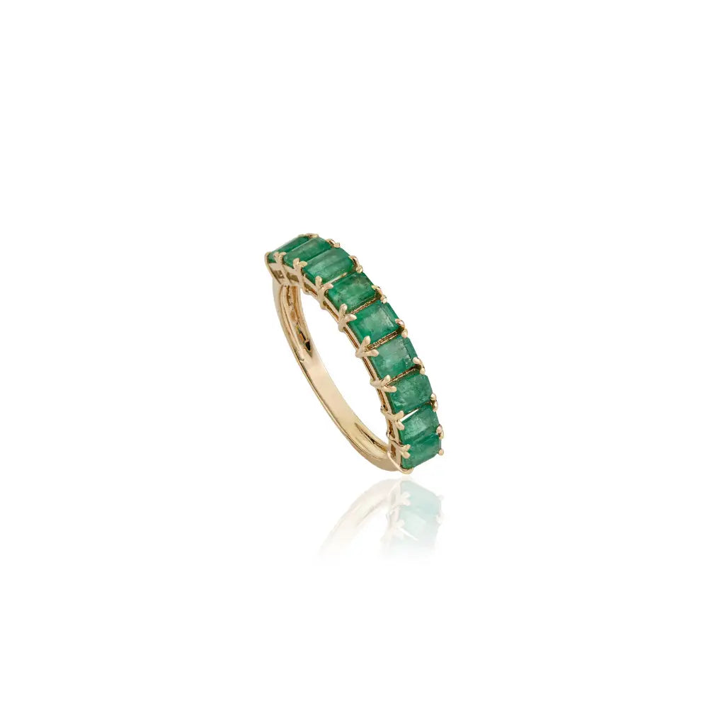 Zambian Emerald Gemstone Stacking Half Eternity Band Ring 14K Solid Yellow Gold Jewelry