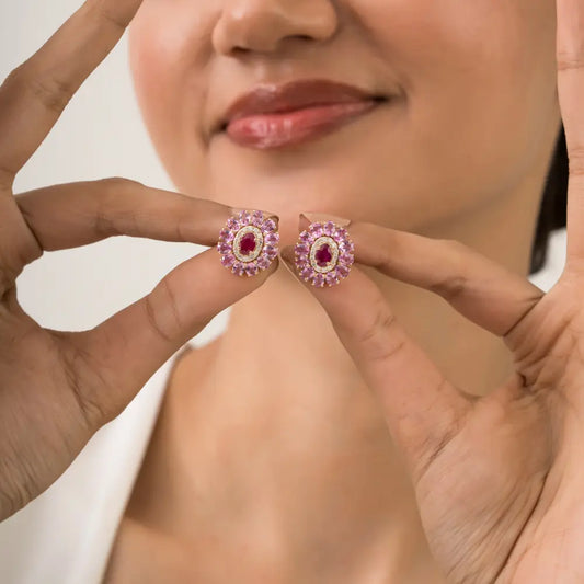 Ruby Pink Sapphire & Diamond Statement Floral Shape Halo Stud Earrings 14K Pure Yellow Gold