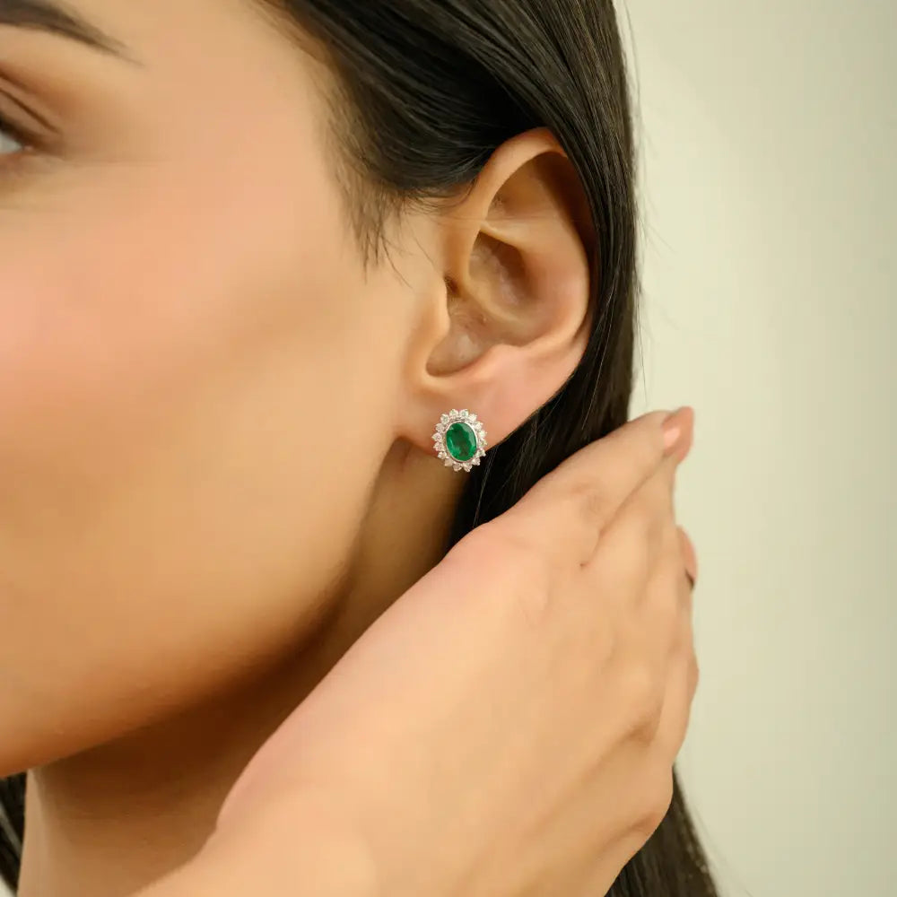 Zambian Emerald & Diamond Women's Cluster Stud Earrings Fine K14 White Gold Jewelry