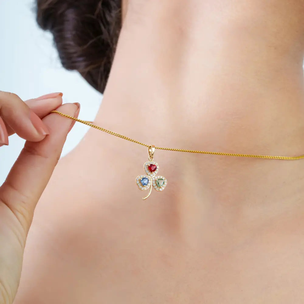 Heart Shape Multi Sapphire Gemstone & Diamond 14K Yellow Gold Three Leaf Clover Pendant