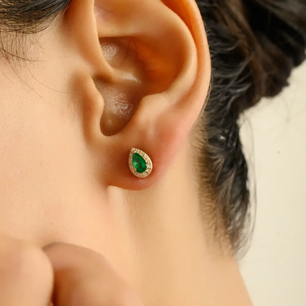 Dainty Daily Wear Emerald & Diamond Halo Stud Earrings Solid K14 Yellow Gold Gift For Her