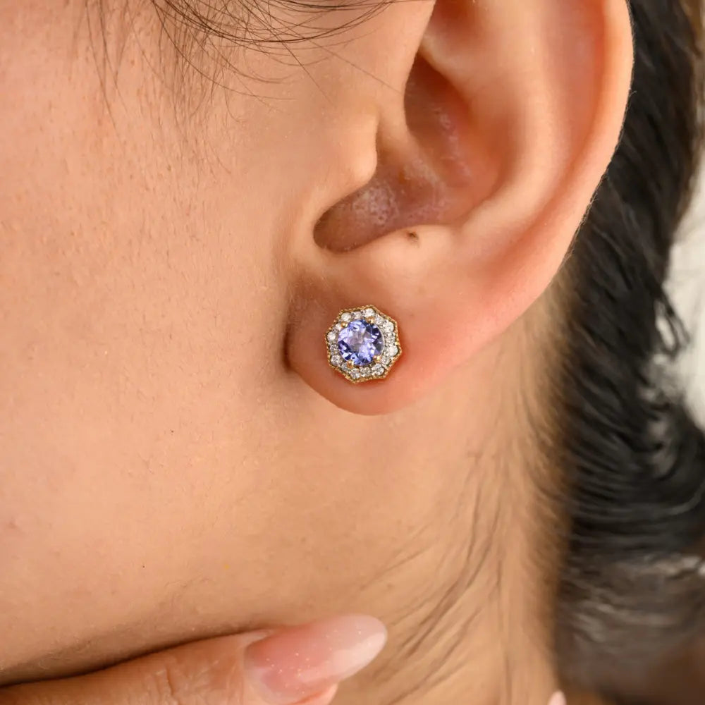 Handmade Tanzanite & Diamond Solid 14K Yellow Gold Hexagon Shape Stud Earring