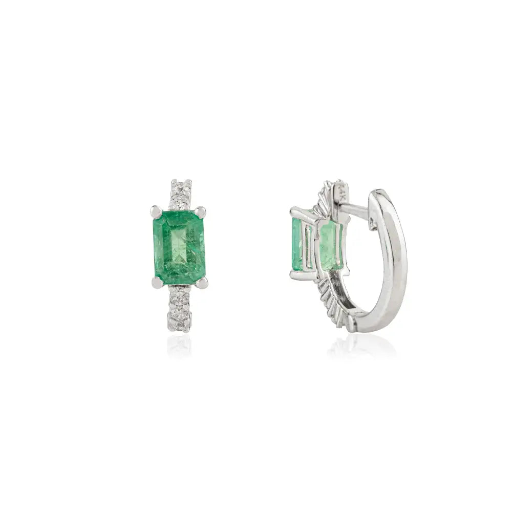 Minimal Jewelry Zambian Emerald & Diamond Small Hoop Earrings K14 Real White Gold