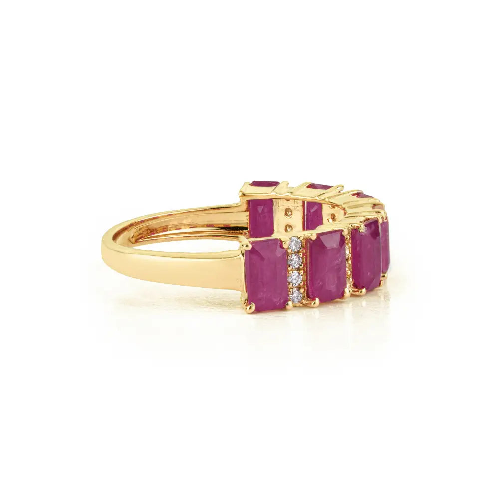 5x3mm Octagon Cut Ruby & Diamond Half Eternity Band Engagement Ring K14 Yellow Gold