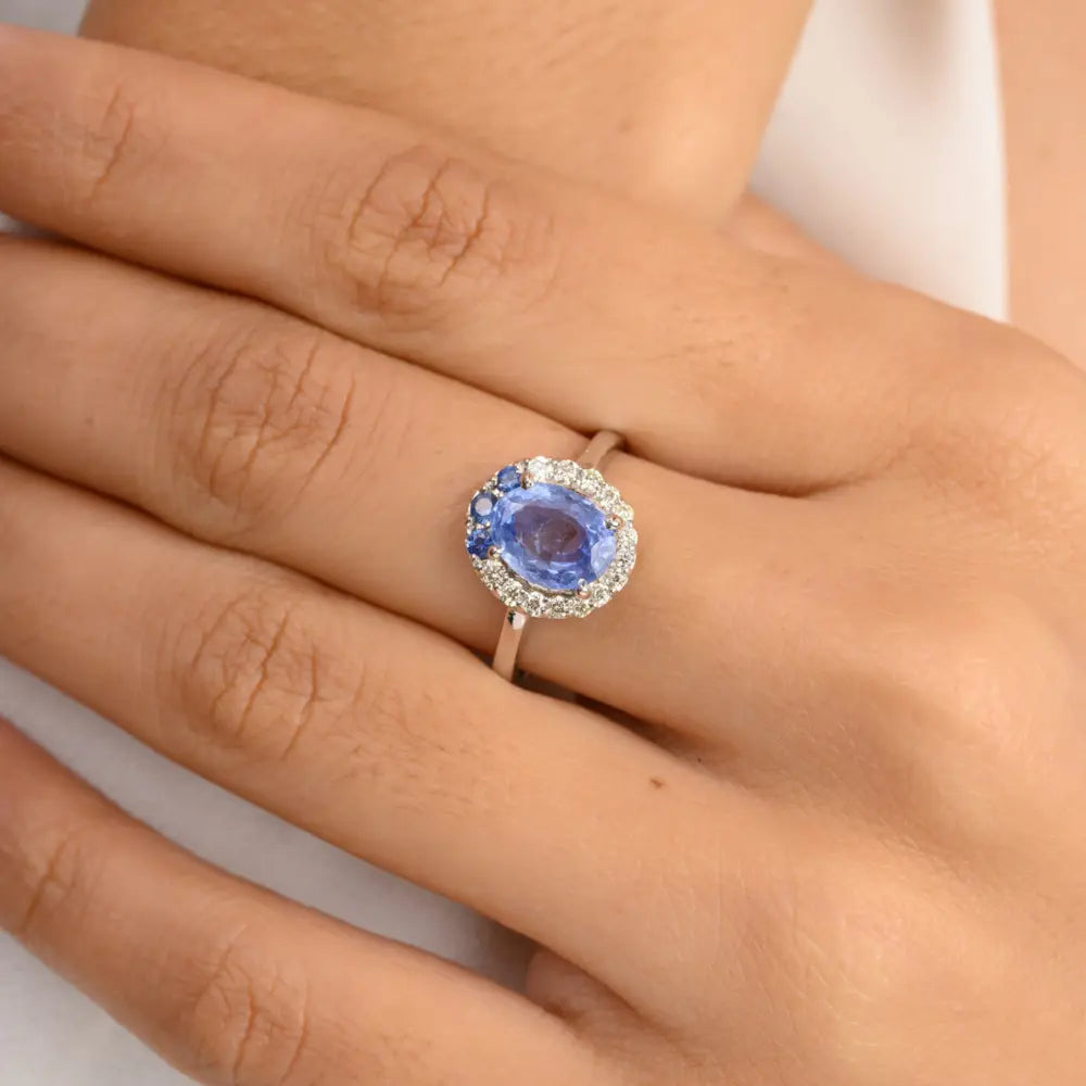 New Arrivals Natural Blue Sapphire & Diamond 14K White Gold Unique Ring