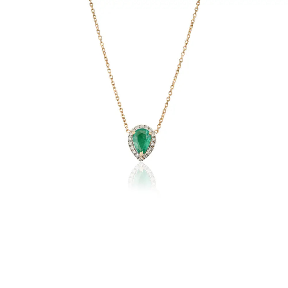 Pear Cut Emerald & Diamond Fine Minimalist Solitaire Halo Pendant Necklace 18K Yellow Gold