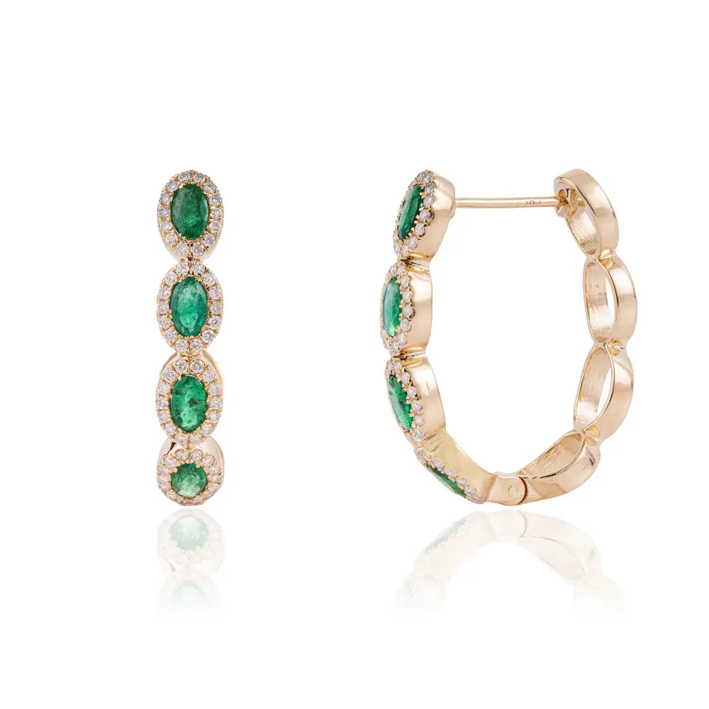 Latest New Arrivals 14K Yellow Gold Emerald & Diamond Statement Hoop Earrings For Wedding