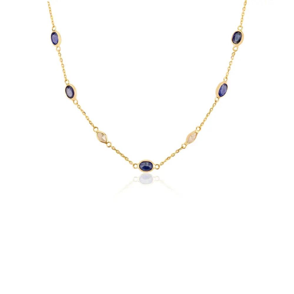 Simple Design Stackable Blue Sapphire & Diamond Station Necklace For Women 18K Gold