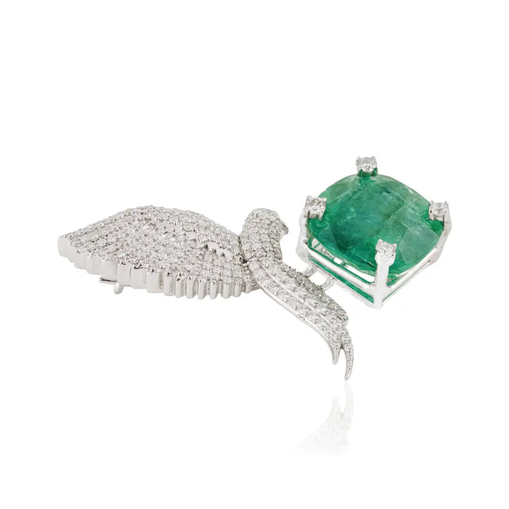 Nature Inspired Zambian Emerald & Diamond 14K White Gold Flying Bird Brooch For Wedding