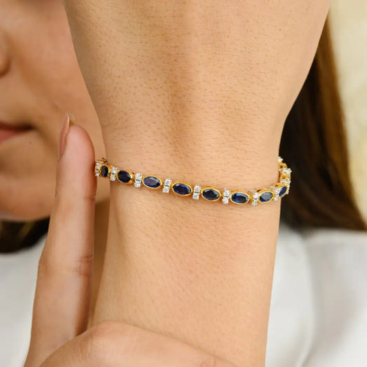 Custom Jewelry 18K Solid Yellow Gold Blue Sapphire & Diamond Tennis Bracelet