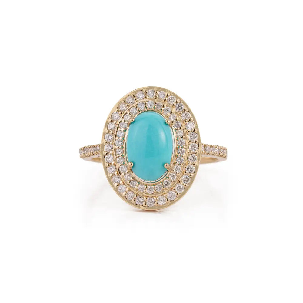 December Birthstone Turquoise & Diamond Double Cluster Ring For Wedding 14K Yellow Gold