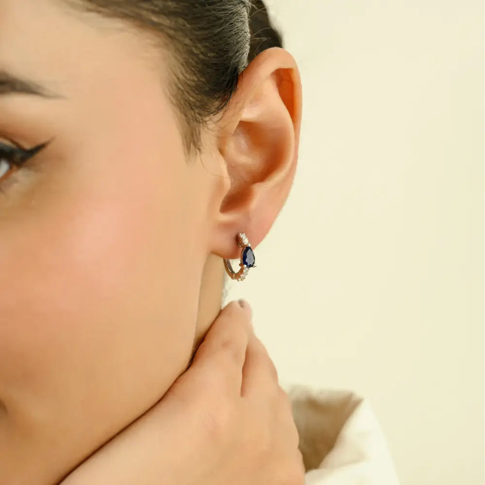 Simple 5x3 mm Pear Blue Sapphire & Diamond Small Hoop Earrings For Women 18K White Gold