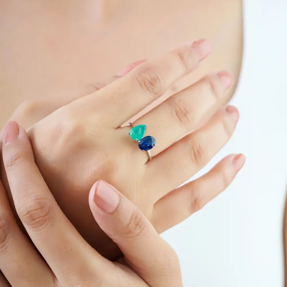 Real K14 White Gold Precious Gemstone Emerald & Blue Sapphire Toi et Moi Stackable Ring