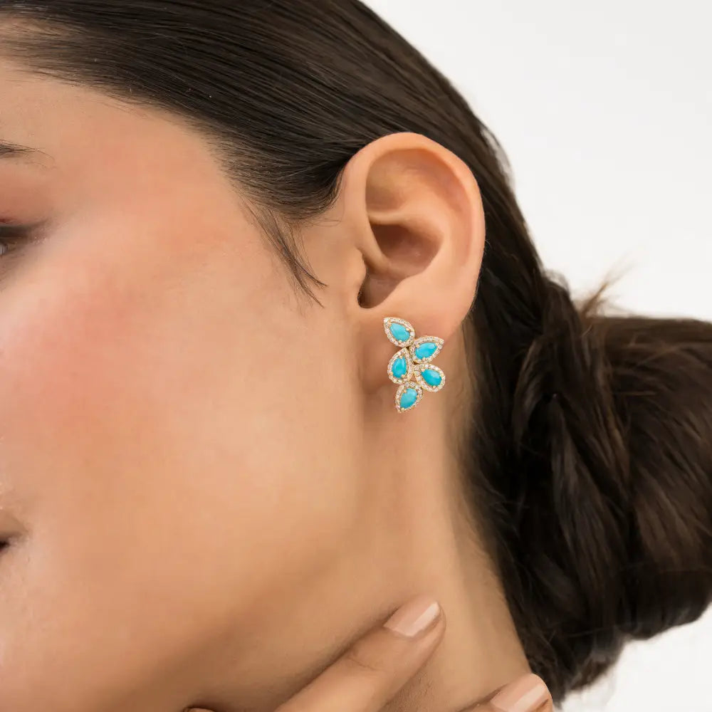 Unique Design Turquoise & Diamond Wings Shape Statement Stud Earrings K14 Real Gold Jewelry