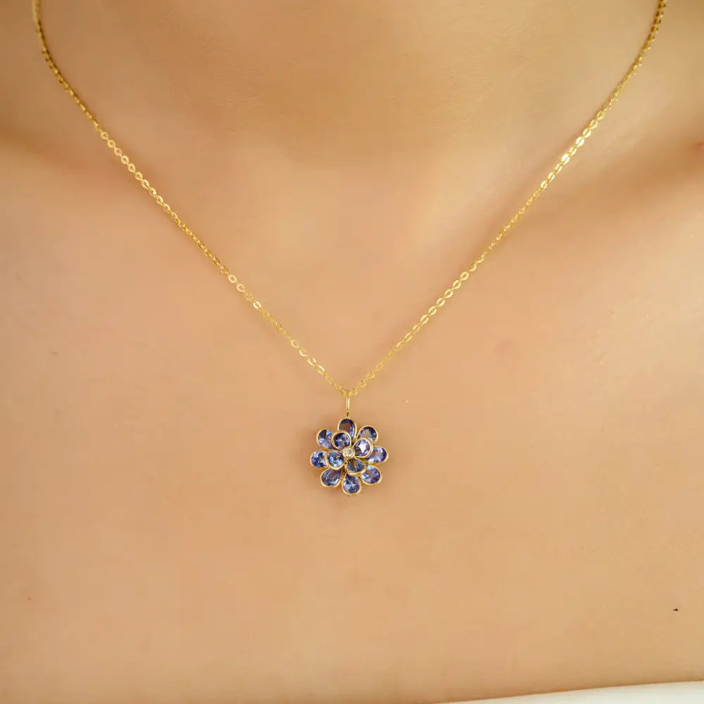 Bezel Set Tanzanite & Diamond K18 Real Yellow Gold Flower Shape Pendant Elegant Jewelry