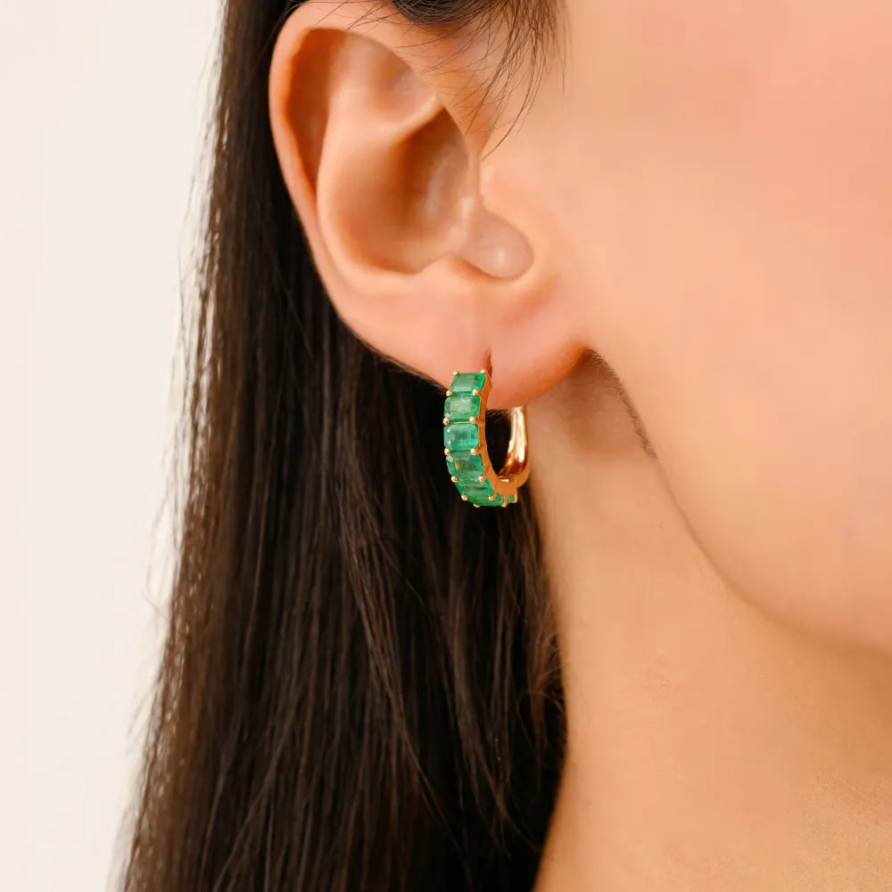 Zambian Emerald Octagon Cut Women's Hoop Earrings Real K14 Yellow Gold Handmade Jewelry