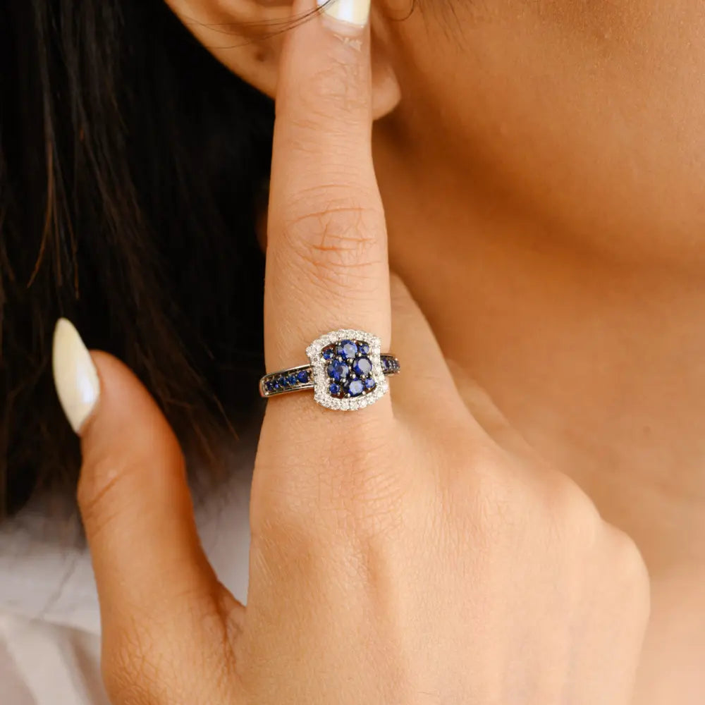 Best Selling Product Natural Blue Sapphire & Diamond 14K White Gold Ring