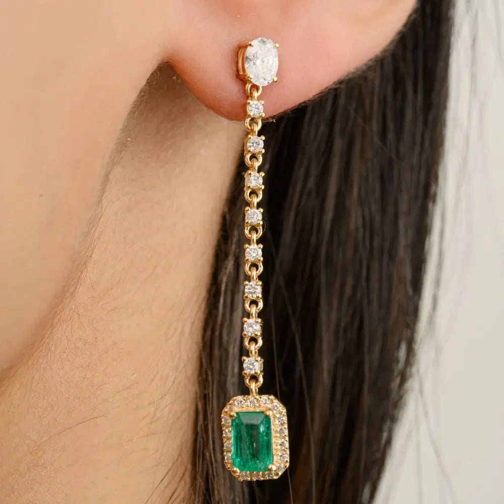 Long Solid K18 Yellow Gold Emerald & Diamond Dangle & Drop Earrings