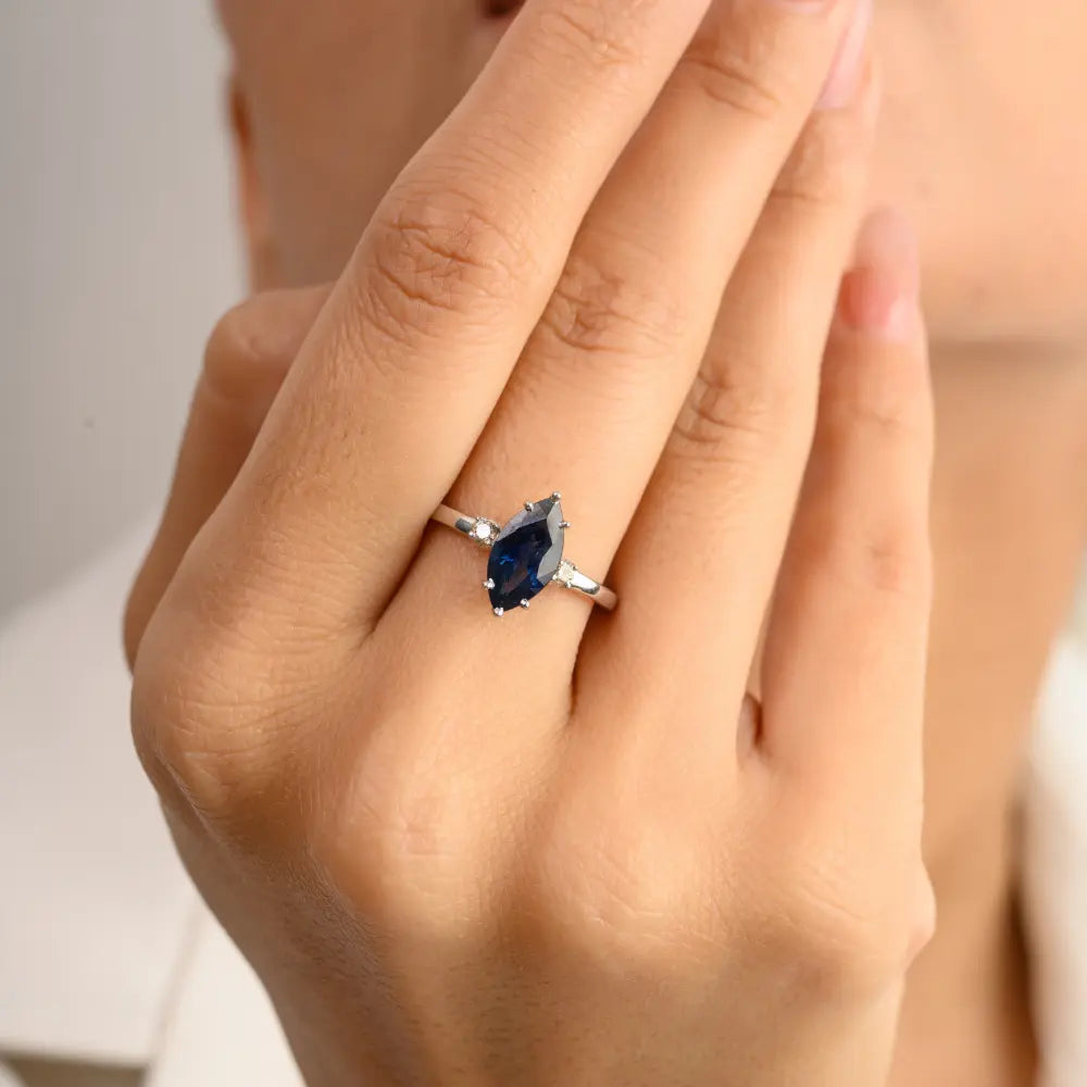 Custom Jewelry Marquise Shape Blue Sapphire & Diamond 14K White Gold Ring