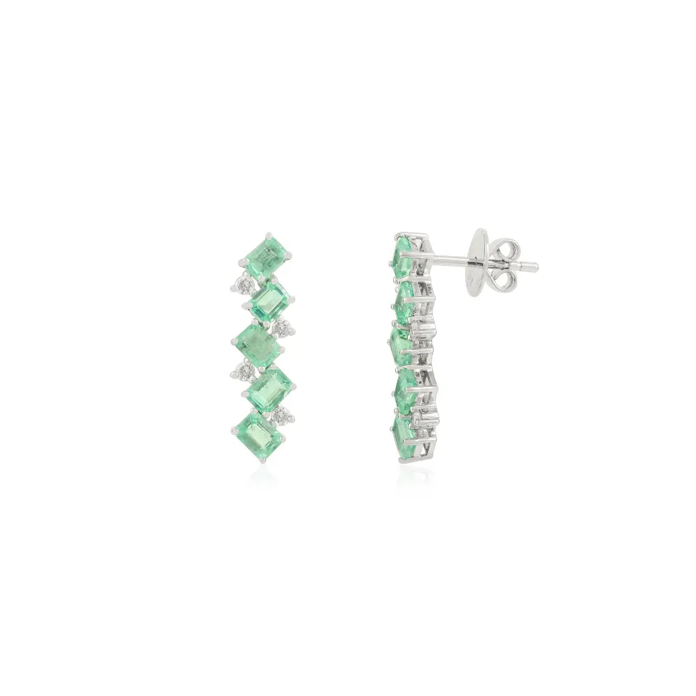 Octagon Emerald & Round Cut Diamond Zig Zag Earrings Solid 14K White Gold Women Jewelry