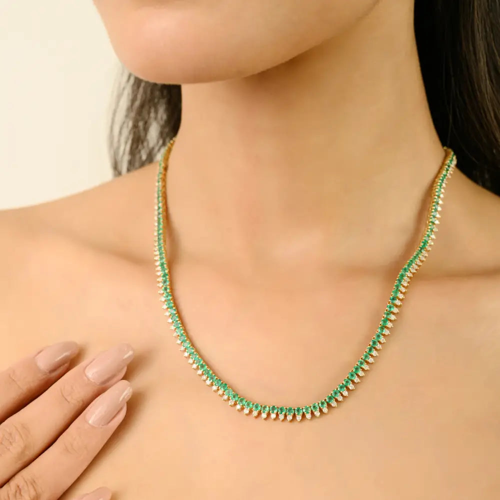 Emerald & Diamond Box Lock Tennis Necklace Unique Design 18K Yellow Gold Women Jewelry