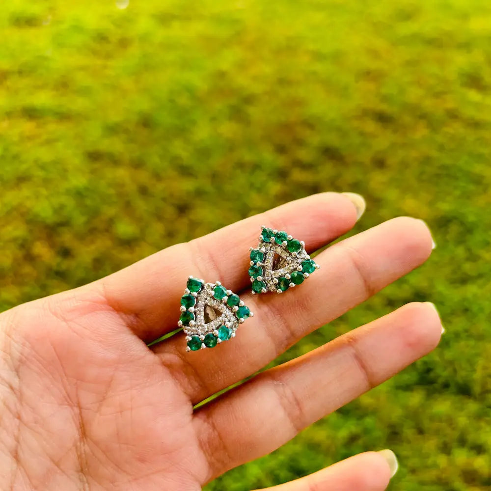 Pure 925 Sterling Silver Real Emerald & American Diamond Trillion Shape Stud Earrings For Weddings