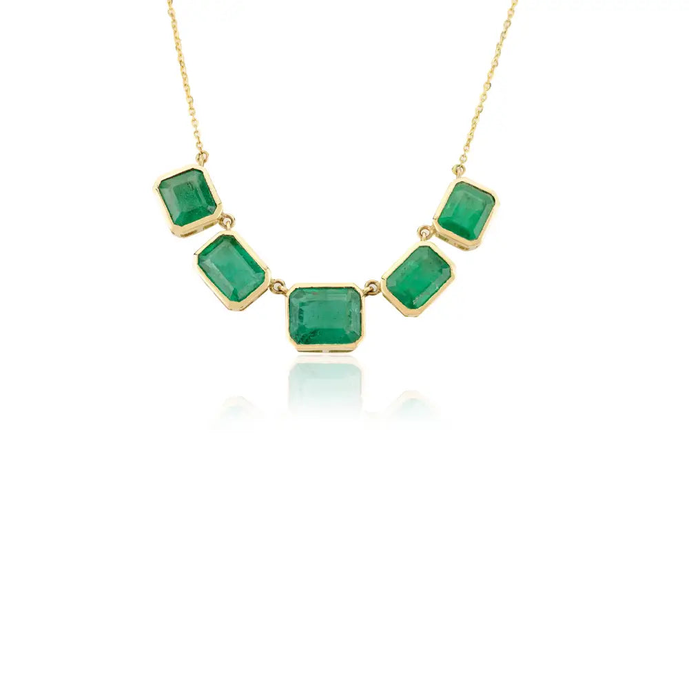 May Birthstone Natural Emerald Bezel Setting Solid 18K Yellow Gold Chain Necklace