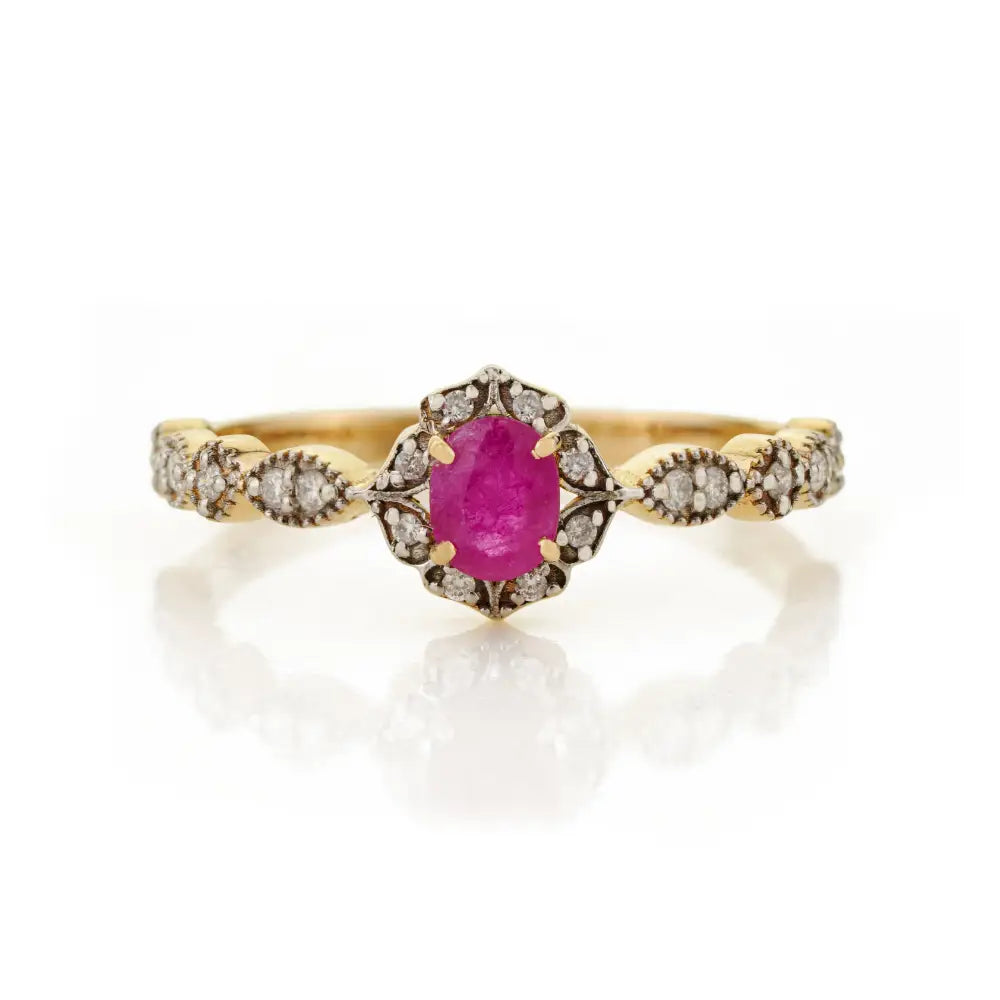 Elegant Simple Design Ruby & Diamond Fine 14K Yellow Gold Minimal Gemstone Ring For Women