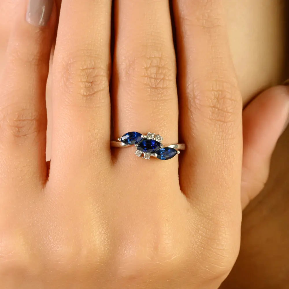 Latest Design 14K White Gold Blue Sapphire & Diamond Fine Three Stone Ring Elegant Jewelry