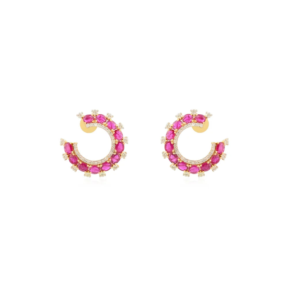Statement Jewelry Ruby & Diamond Half Circle Wedding Earrings Handmade 14K Yellow Gold