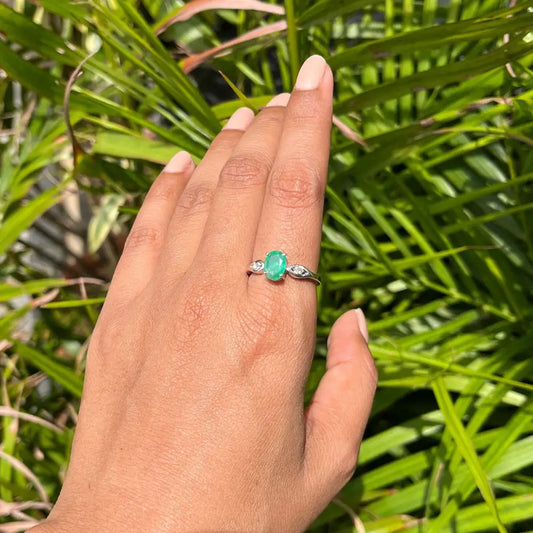 May Birthstone Oval Cut Emerald & Round American Diamond Single Stone Ring Custom Gemstone Jewelry