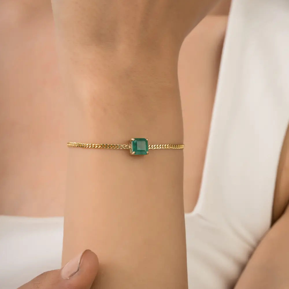 7x7 mm Emerald 14K Pure Yellow Gold Curb Link Chain Solitaire Gemstone Bracelet For Everyday Wear