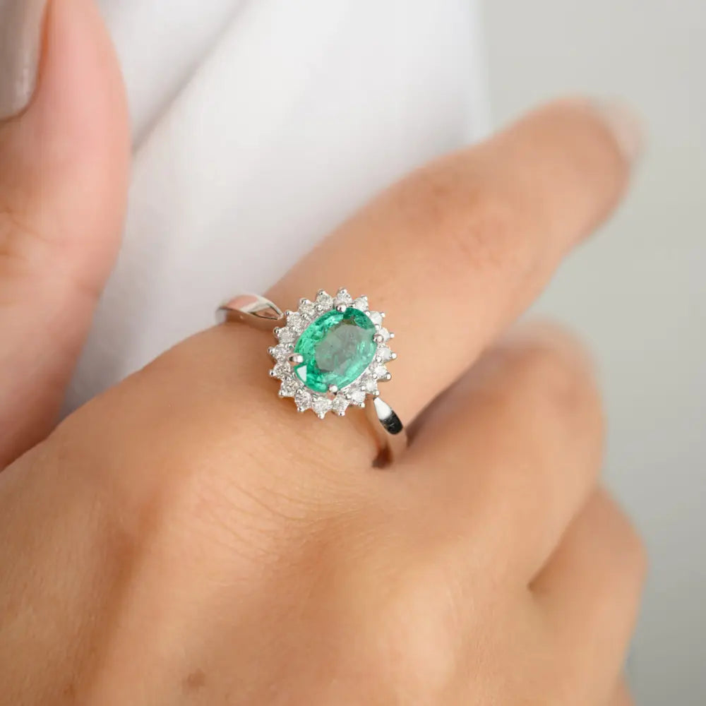 Oval Cut Emerald & Diamond Solid 18K White Gold Halo Engagement Ring