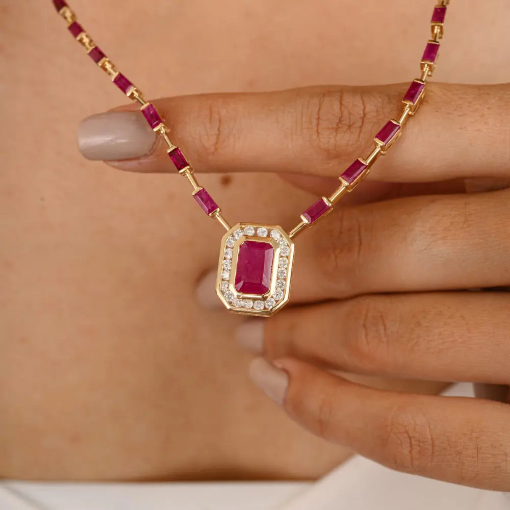 High Quality Products 100% Natural Ruby & Diamond 14K Yellow Gold Necklace