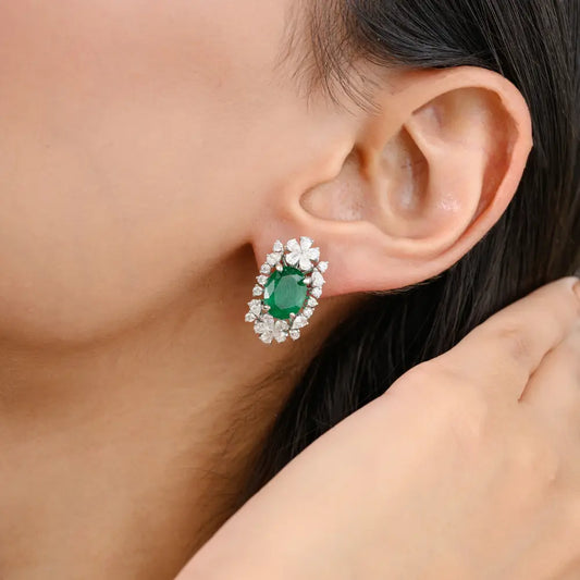 Luxurious Real Emerald & Diamond 18K White Gold Stud Earrings Fine Custom Made Jewelry