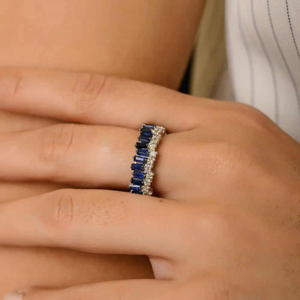 Natural Blue Sapphire & Diamond 18K White Gold Full Eternity Band Ring