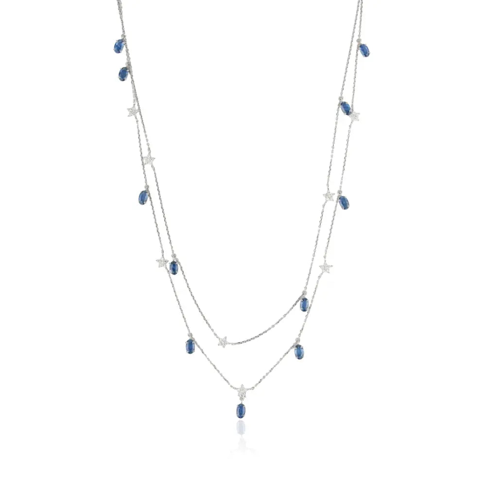 Beautiful Design Solid K14 White Gold Blue Sapphire & Diamond Double Layer Charm Necklace Wedding Jewelry