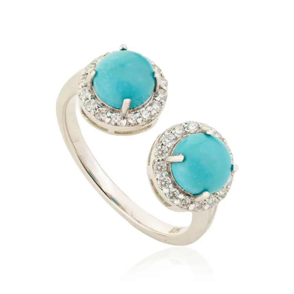 New Trendy Turquoise & Diamond Statement Open Halo Ring 14K White Gold Gemstone Jewelry